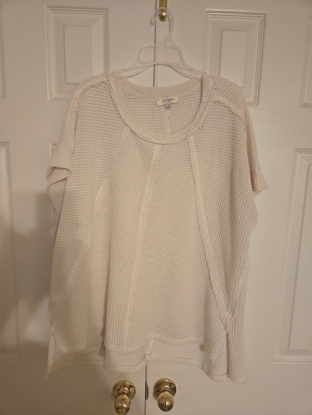 Umgee Cream Waffle-Knit Short Sleeve Pullover